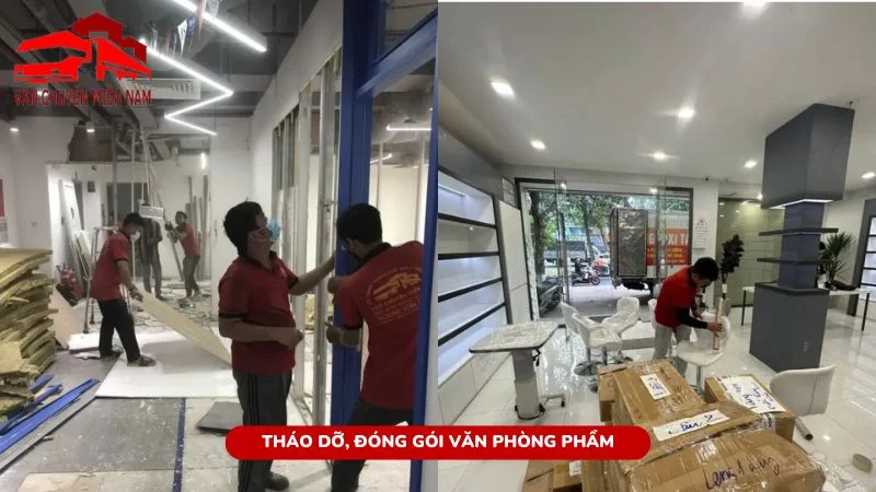 Nhân viên tháo dỡ và đóng gói văn phòng phẩm