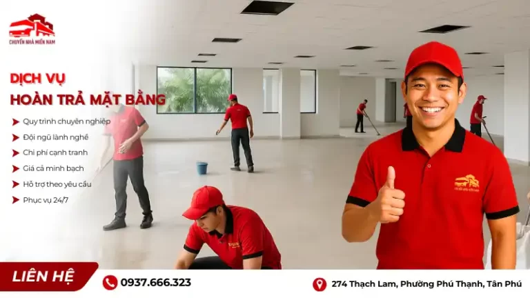 Dịch vụ hoàn trả mặt bằng sau khi chuyển nhà miền Nam, đảm bảo không gian sạch sẽ, gọn gàng và sẵn sàng cho thuê hoặc sử dụng lại.
