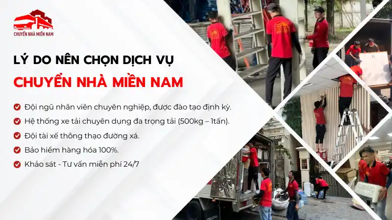 Lý do chọn dịch vụ chuyển nhà Miền Nam với đội ngũ nhân viên chuyên nghiệp và hệ thống xe tải đa dạng.