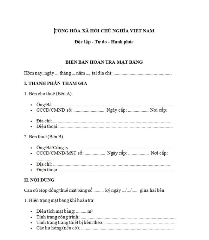 Mẫu biên bản hoàn trả mặt bằng mặt số 1