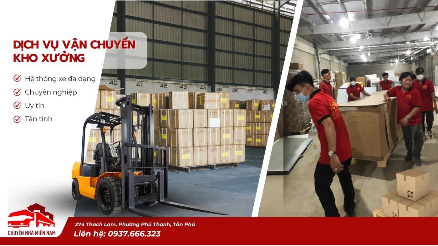Dịch vụ di dời kho xưởng trọn gói của Chuyển Nhà Miền Nam tại TP.HCM và các tỉnh lân cận, cam kết vận chuyển an toàn, nhanh chóng, và tiết kiệm chi phí.