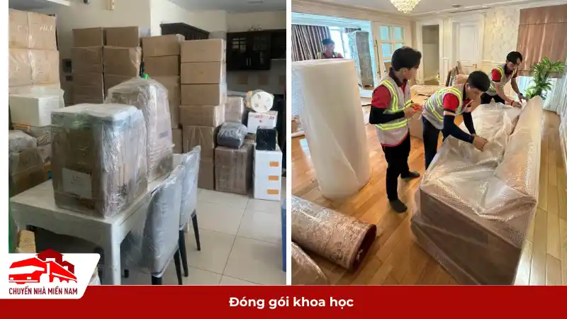 bên trái là các hộp đồ được đóng gói cẩn thận, bên phải là nhân viên đang bọc đồ nội thất.