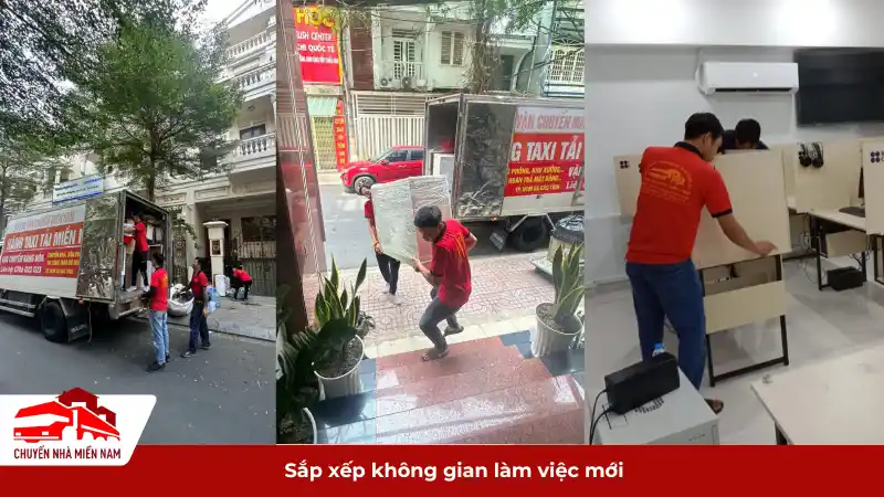 nhân viên đang vận chuyển đồ đạc ra khỏi xe tải và sắp xếp không gian làm việc mới.