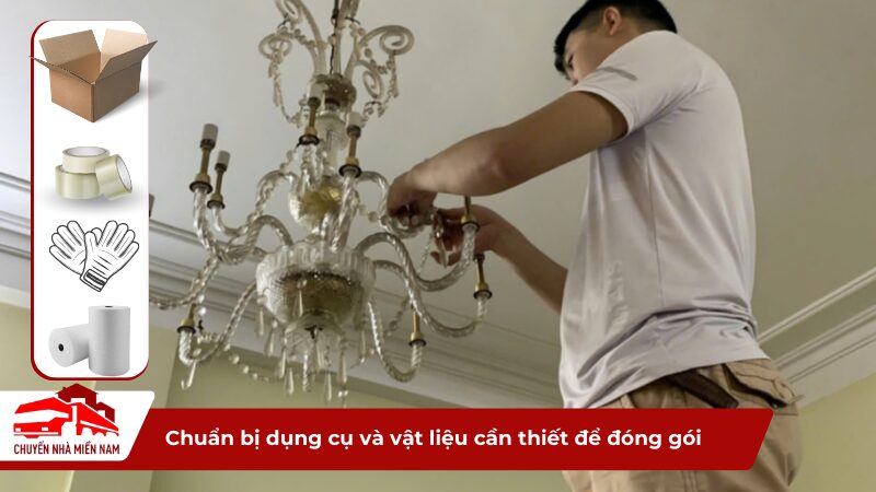 Chuẩn bị dụng cụ và vật liệu cần thiết để đóng gói đèn chùm