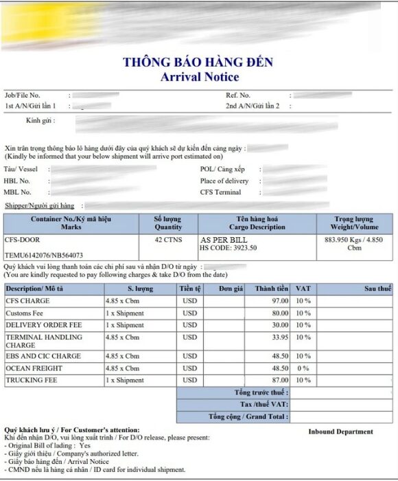 Giấy báo hàng Arrival Notice