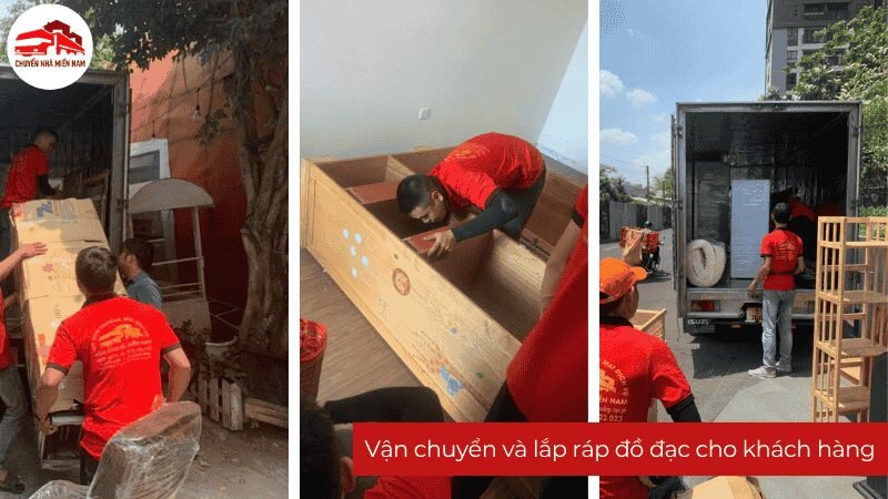Các nhân viên của Chuyển Nhà Miền Nam đang vận chuyển và lắp đặt đồ đạc cho khách hàng
