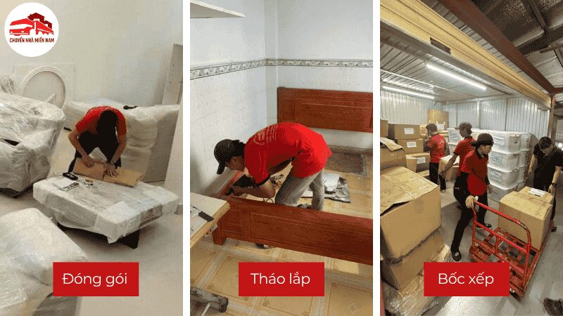 Đội ngũ nhân viên đang đóng gói, tháo lắp, bốc xếp theo quy trình bài bản