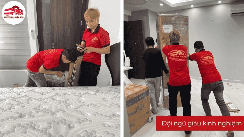 Đội ngũ nhân viên giàu kinh nghiệm đang vận chuyển nhà tại phường Bình Long