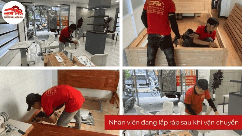 Nhân viên Chuyển Nhà Miền Nam đang đóng và lắp ráp đồ dùng sau vận chuyển