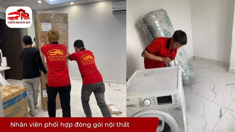 Nhân viên phối hợp đóng gói nội thất