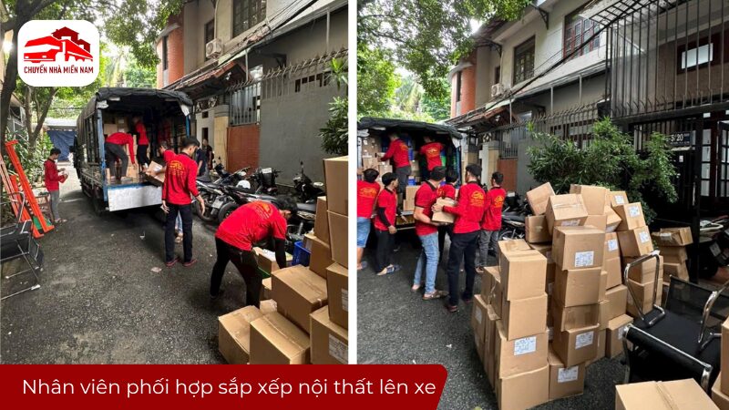Nhân viên phối hợp sắp xếp nội thất lên xe