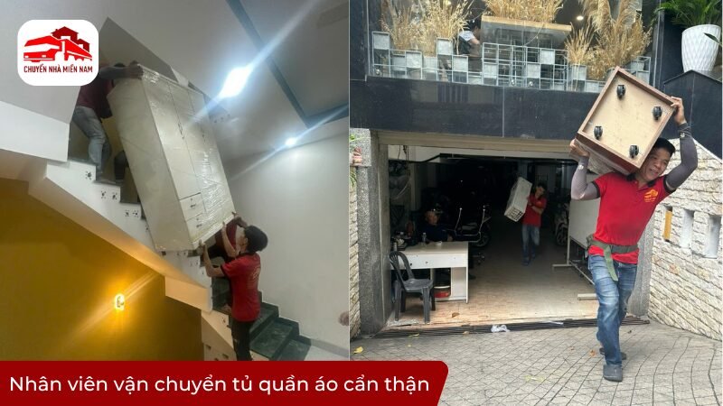 Nhân viên vận chuyển tủ quần áo cẩn thận