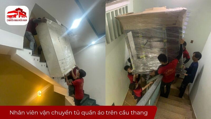 Nhân viên vận chuyển tủ quần áo trên cầu thang