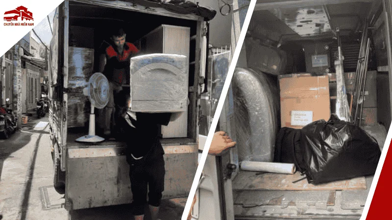 Nhân viên Chuyển Nhà Miền Nam đang bốc xếp hàng hóa lên xe tải chuyển văn phòng tại phường Hòa Lợi