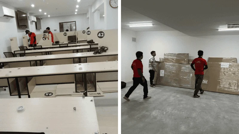 Nhân viên đang lắp đặt trang thiết bị văn phòng tại phường Thuận An