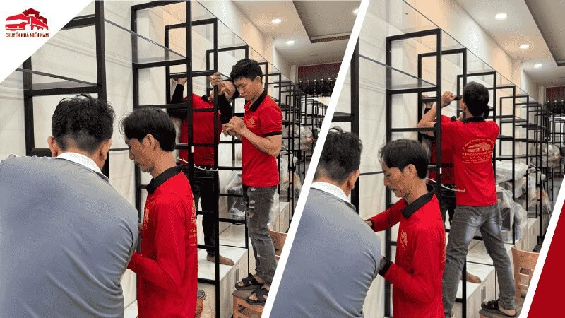 Nhân viên đang tháo dỡ tủ và kệ tại phường Cát Lái