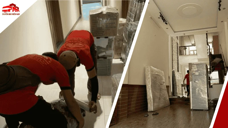 Nhân viên đang vận chuyển thiết bị văn phòng lên chung cư tại phường Tân Đông Hiệp