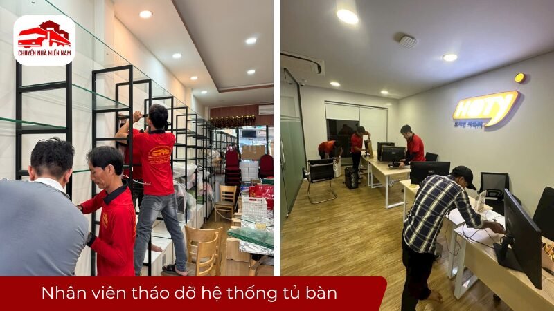 Nhân viên tháo dỡ hệ thống tủ bàn