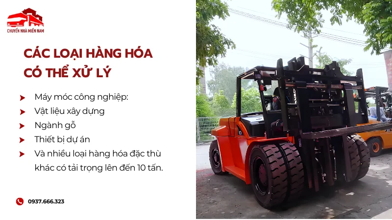 Các loại hàng hóa xe nâng 10 tấn chui cont xử lý