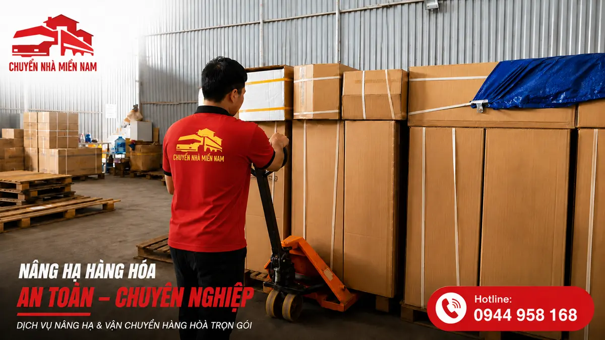 Hình ảnh thực tế dịch vụ nâng hạ hàng hóa trong kho của Chuyển Nhà Miền Nam, sử dụng xe nâng tay để xử lý các kiện hàng đóng thùng và pallet.