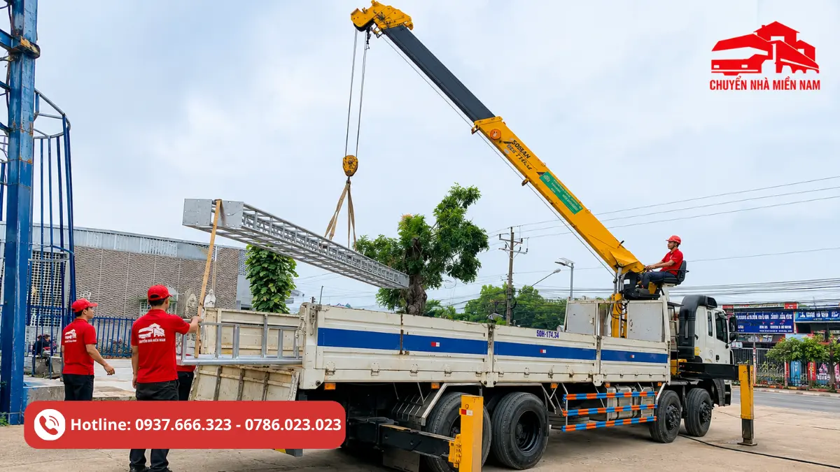 Hình ảnh thực tế dịch vụ nâng hạ hàng hóa bằng xe cẩu tự hành, hỗ trợ di chuyển và lắp đặt kết cấu thép tại công trình.