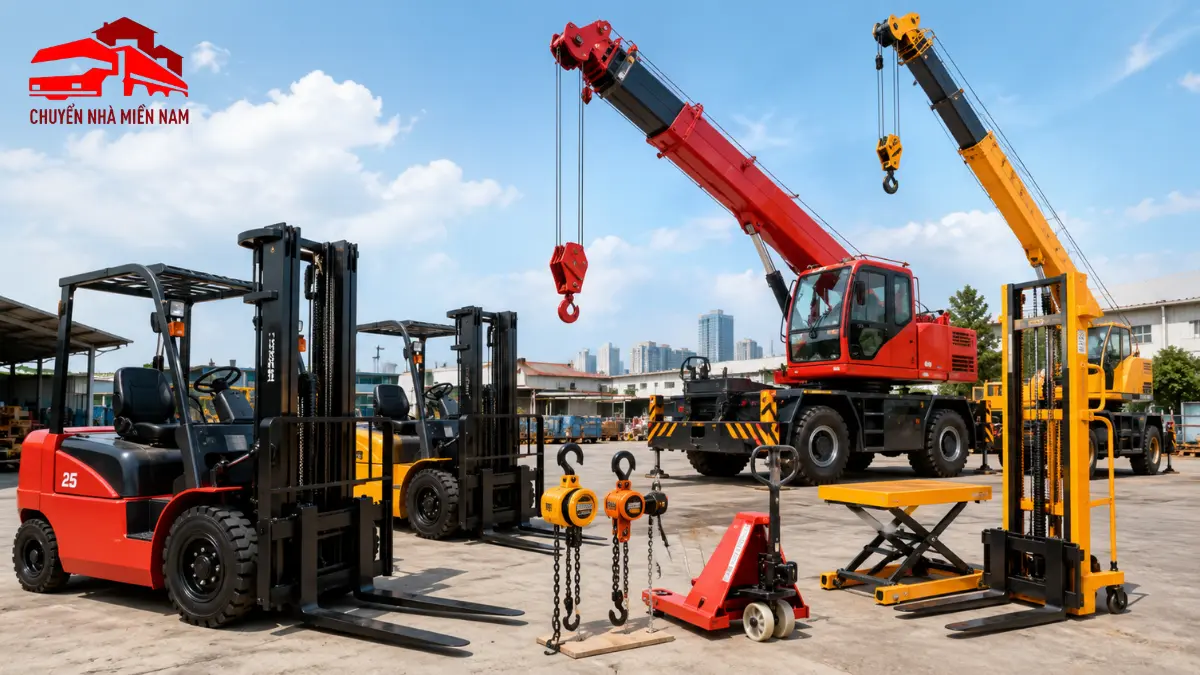 Hình minh họa các thiết bị thường dùng trong dịch vụ nâng hạ hàng hóa, gồm xe nâng dầu, xe cẩu tự hành, pa lăng xích, xe nâng tay và bàn nâng thủy lực.
