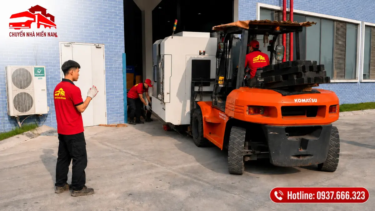 Hình ảnh thực tế xe nâng hỗ trợ nâng hạ và di dời máy móc công nghiệp tại nhà xưởng, có nhân sự điều hướng trong quá trình đưa thiết bị qua lối cửa.