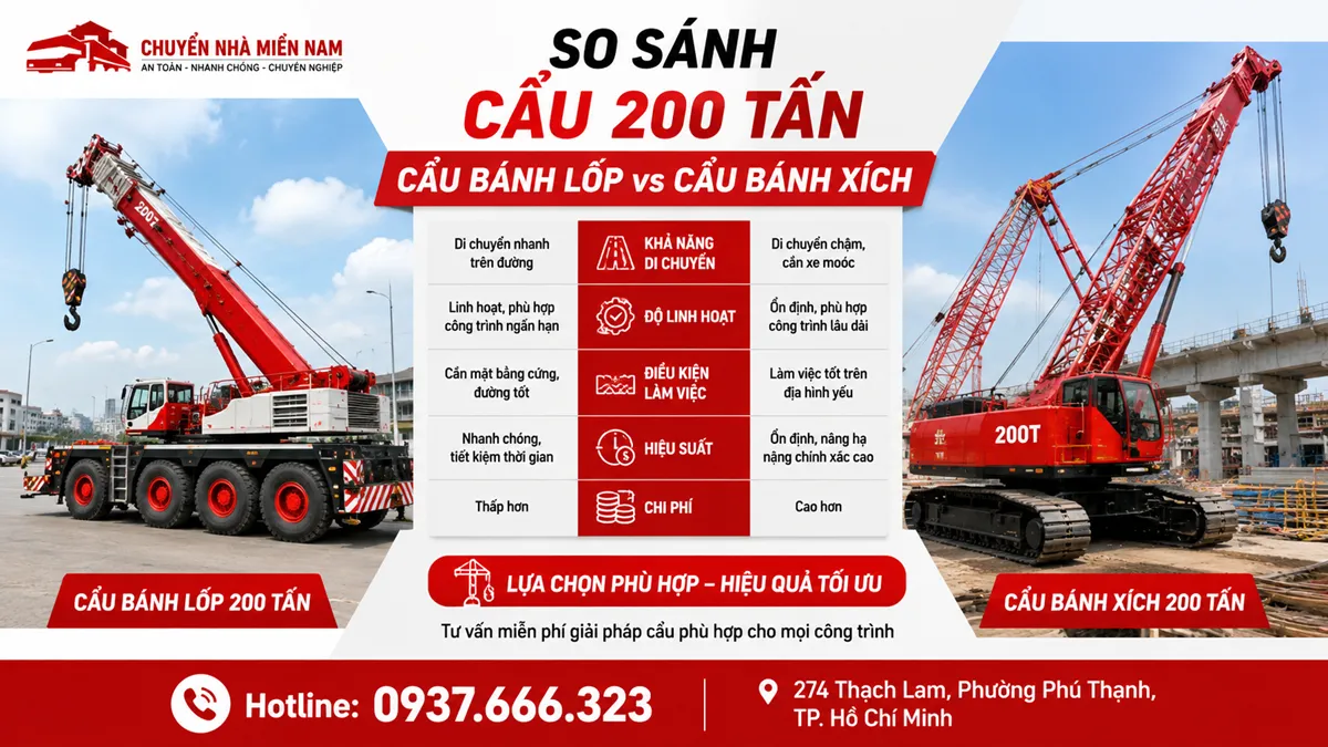 Thuê Xe Cẩu 200 Tấn Cho Công Trình & Thiết Bị Siêu Trọng 4 So sánh cẩu bánh lốp và cẩu bánh xích 200 tấn