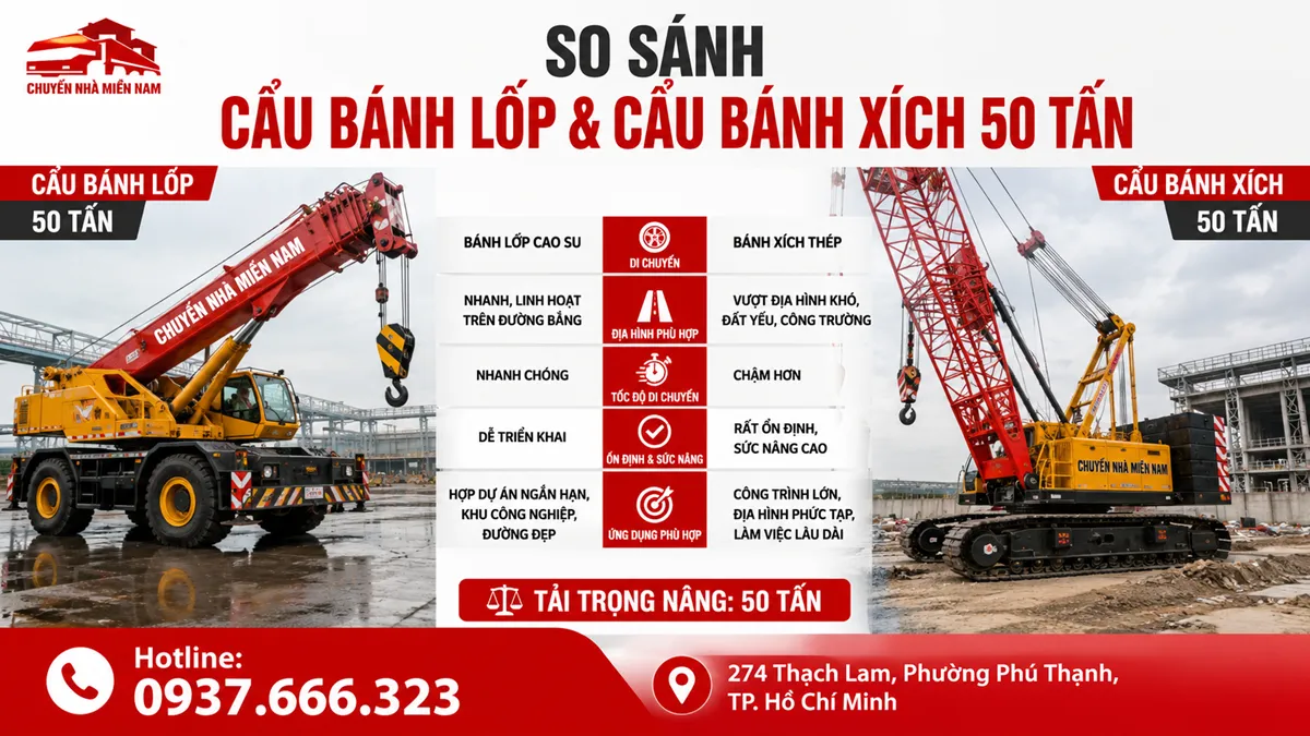 Thuê Xe Cẩu 50 Tấn TPHCM Cho Máy Móc & Công Trình 3 So sánh cẩu bánh lốp và cẩu bánh xích 50 tấn