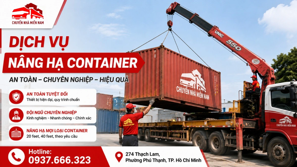 Dịch vụ nâng hạ container Hoàng Diệp hỗ trợ cẩu container, nâng hạ container rỗng và container hàng bằng xe cẩu, xe nâng chuyên dụng, phục vụ kho bãi, nhà xưởng, công trình và khu công nghiệp.