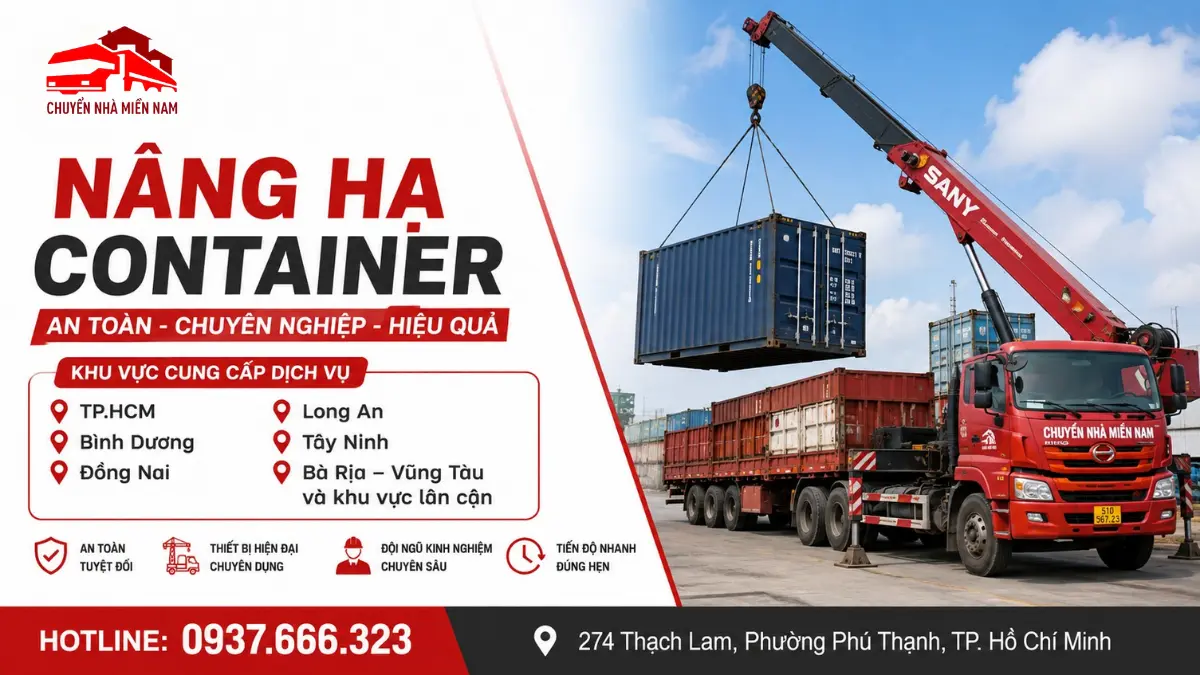 Hình ảnh dịch vụ nâng hạ container của Chuyển Nhà Miền Nam bằng xe cẩu chuyên dụng, phục vụ tại TP.HCM, Bình Dương, Đồng Nai, Long An, Tây Ninh, Bà Rịa - Vũng Tàu và các khu vực lân cận. Dịch vụ phù hợp cho nhu cầu nâng, hạ và di chuyển nguyên container tại kho, bãi, nhà máy và công trình.