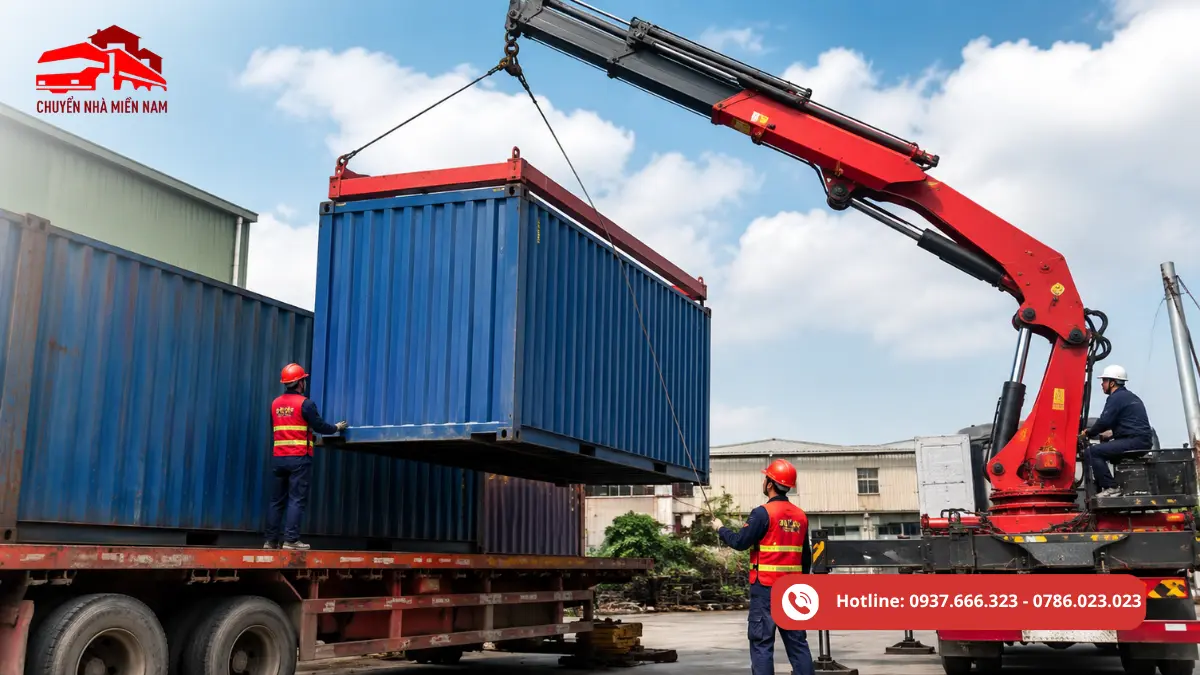 Hình ảnh dịch vụ nâng hạ container của Chuyển Nhà Miền Nam, sử dụng xe cẩu để nâng và hạ nguyên container lên xuống phương tiện tại kho, bãi, nhà máy và công trình. Phục vụ nhu cầu nâng hạ container tại TP.HCM và các tỉnh phía Nam.