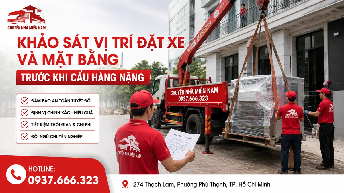 Khảo sát vị trí đặt xe và mặt bằng trước khi cẩu hàng nặng