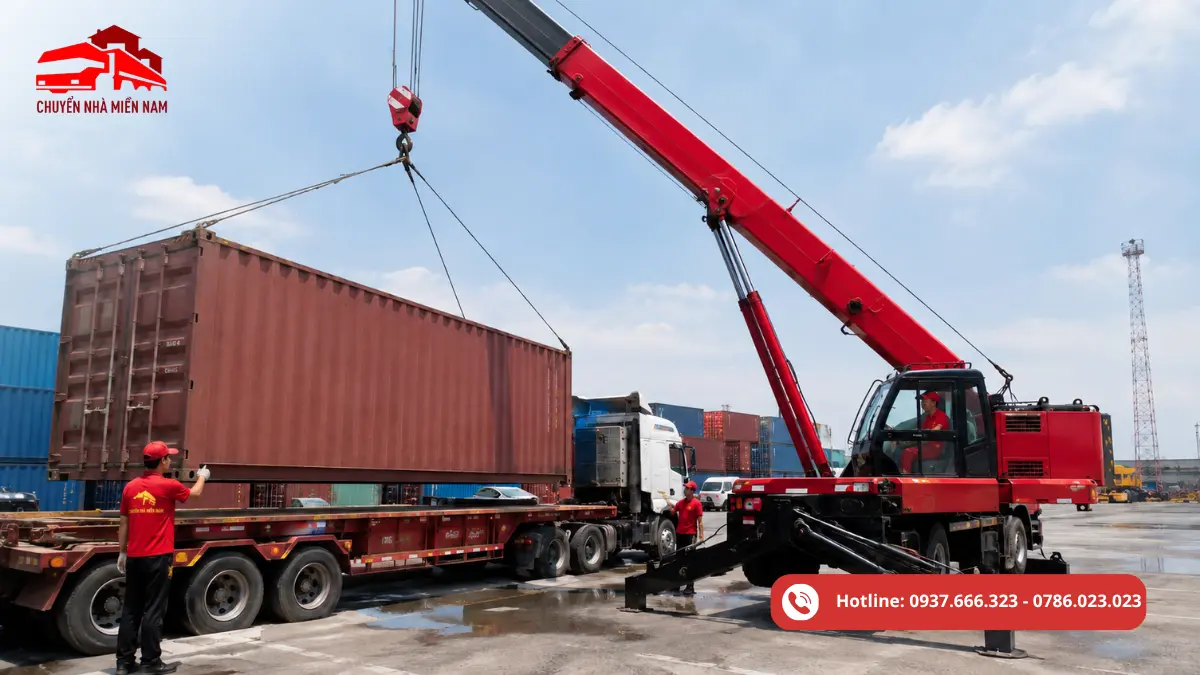 Hình ảnh Chuyển Nhà Miền Nam thực hiện nâng hạ nguyên container bằng xe cẩu, đưa container lên hoặc xuống rơ-moóc tại kho, bãi và khu vực logistics. Phương án thiết bị được lựa chọn theo trọng lượng container, vị trí thao tác, bán kính làm việc và điều kiện mặt bằng thực tế.