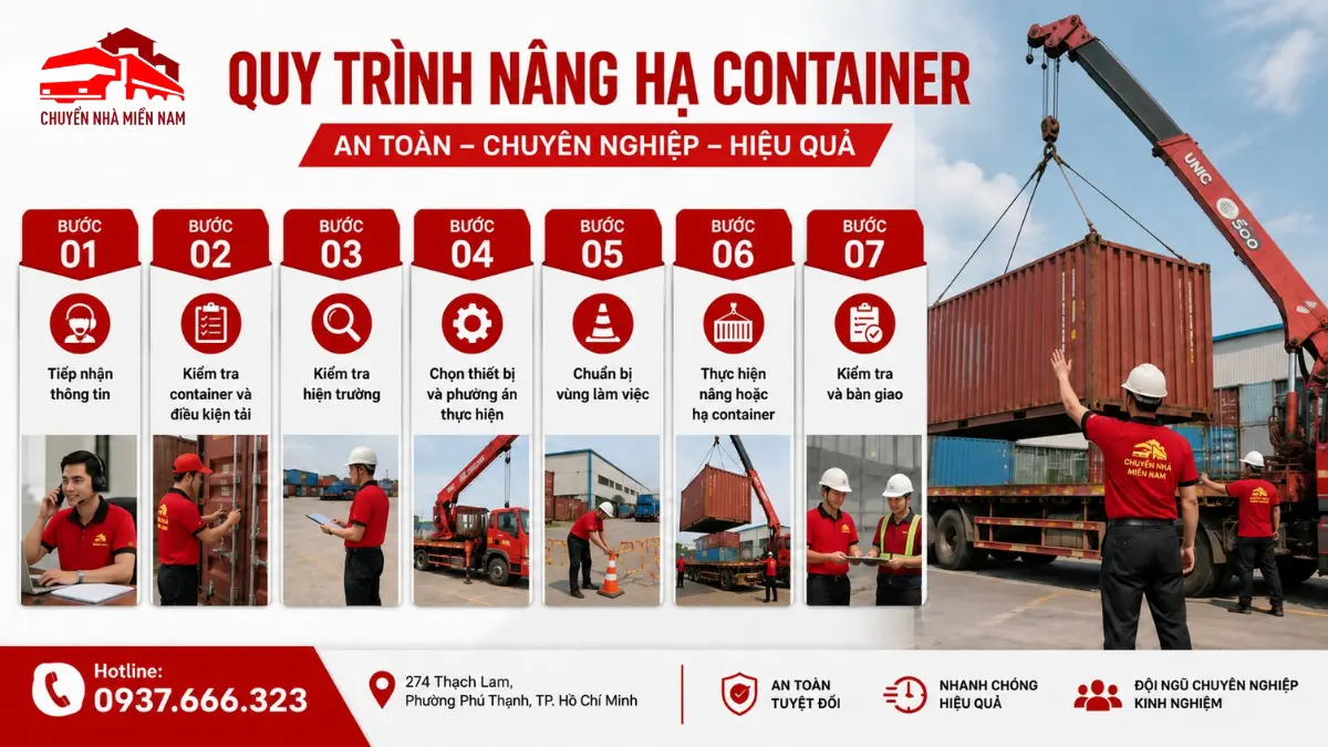 Quy trình nâng hạ container 7 bước của Chuyển Nhà Miền Nam, từ tiếp nhận thông tin, kiểm tra container và điều kiện tải, khảo sát hiện trường, lựa chọn thiết bị, chuẩn bị vùng làm việc, thực hiện nâng hoặc hạ container đến kiểm tra và bàn giao.
