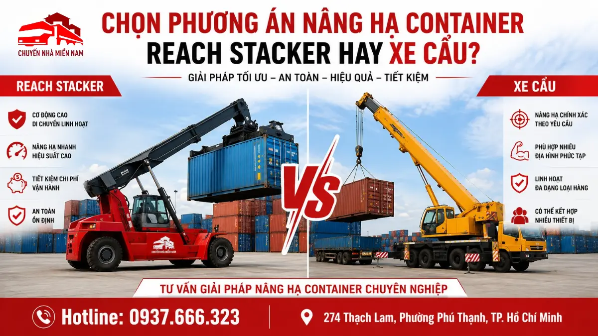 So sánh Reach Stacker và xe cẩu trong nâng hạ container. Reach Stacker phù hợp với các tác nghiệp container tại bãi có mặt bằng và không gian phù hợp, trong khi xe cẩu có thể linh hoạt hơn ở những hiện trường cần bán kính hoặc vị trí thao tác đặc thù. Phương án cuối cùng cần dựa trên trọng lượng container, mặt bằng, vị trí đặt và điều kiện tiếp cận.