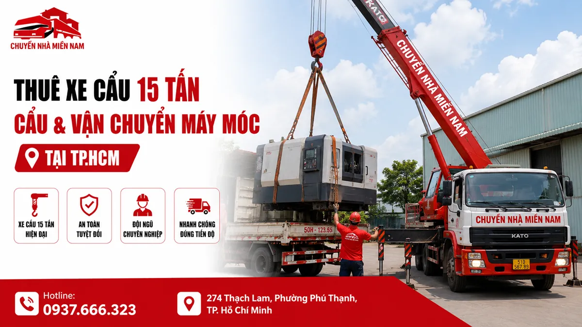 Thuê xe cẩu 15 tấn cẩu và vận chuyển máy móc tại TPHCM