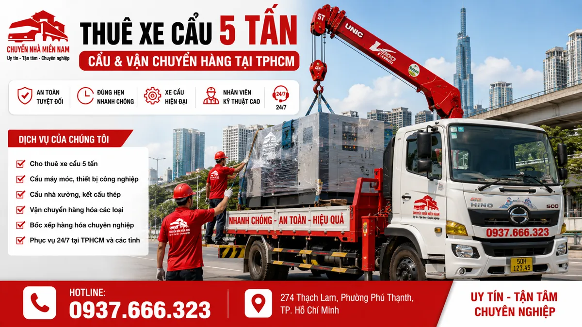 Thuê xe cẩu 5 tấn cẩu và vận chuyển hàng tại TPHCM