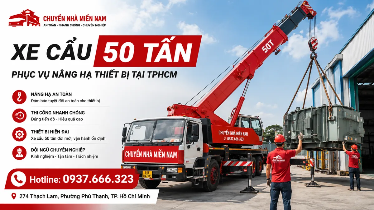 Thuê Xe Cẩu 50 Tấn TPHCM Cho Máy Móc & Công Trình 1 Xe cẩu 50 tấn phục vụ nâng hạ thiết bị tại TPHCM
