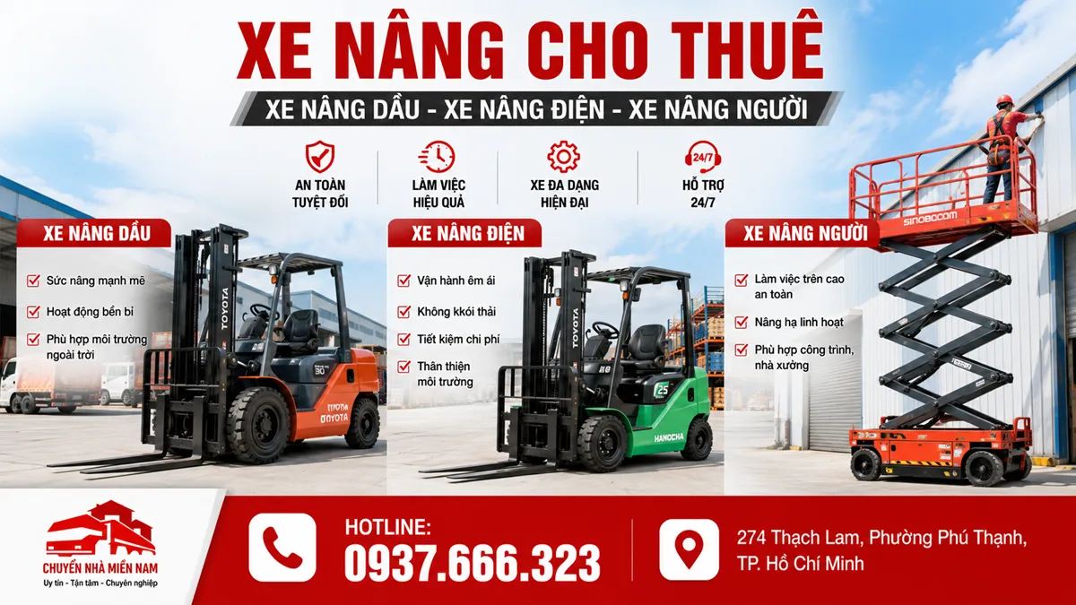 Xe nâng dầu, xe nâng điện và xe nâng người phục vụ nhà xưởng.