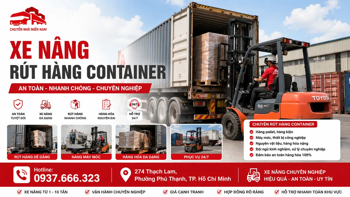 xe nâng rút hàng container tại khu vực Nhà Bè