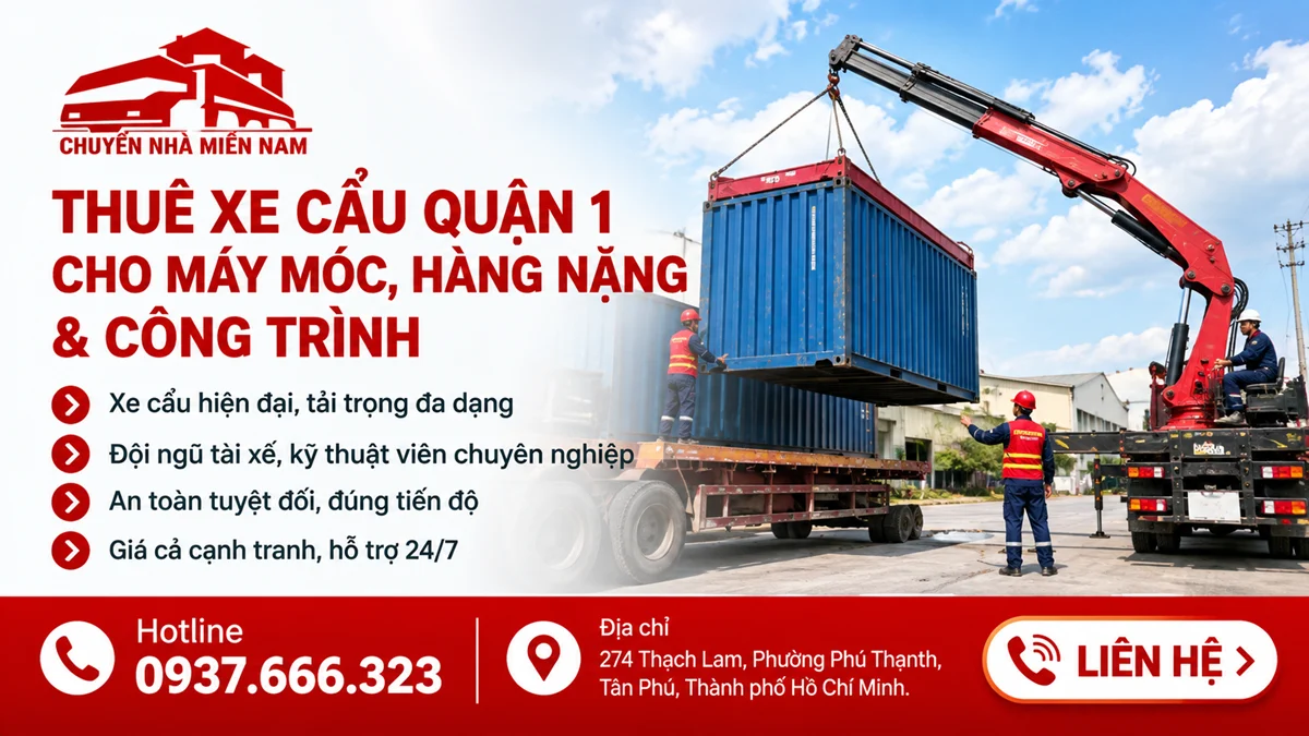 Nhân viên Chuyển Nhà Miền Nam vận hành xe cẩu nâng container và vận chuyển hàng nặng tại Quận 1
