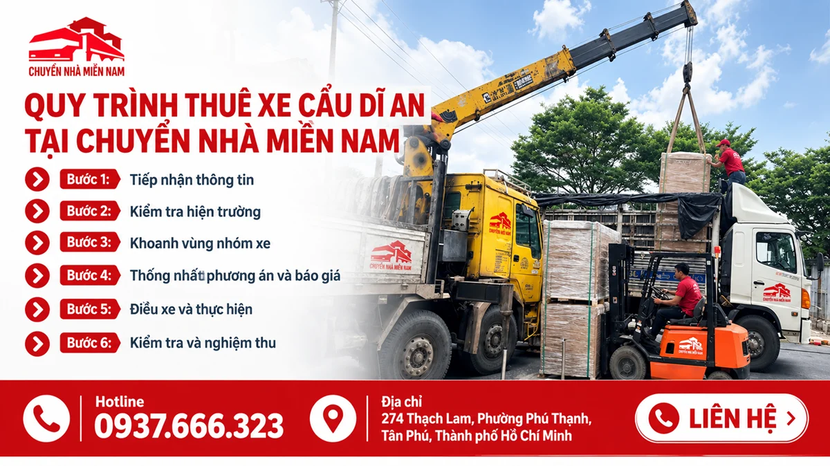 Quy trình thuê xe cẩu Dĩ An gồm tiếp nhận thông tin, kiểm tra hiện trường, chọn xe, báo giá, điều xe và nghiệm thu tại Chuyển Nhà Miền Nam.