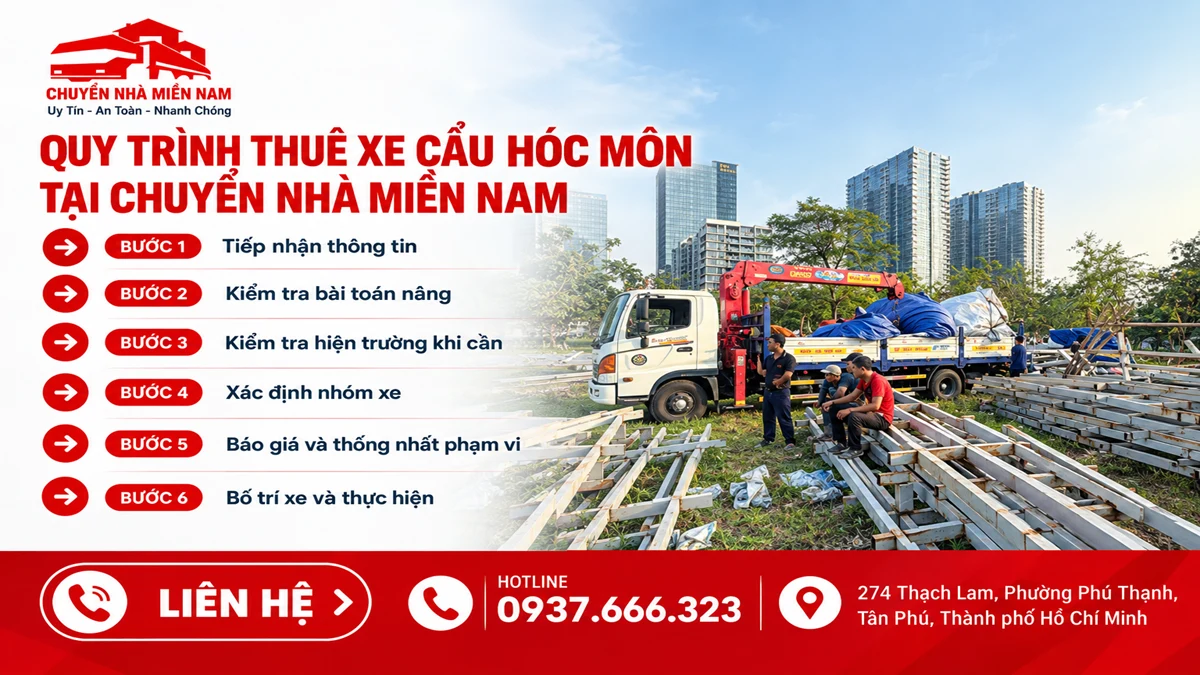 Chuyển Nhà Miền Nam hướng dẫn quy trình thuê xe cẩu Hóc Môn qua 6 bước từ tiếp nhận thông tin đến bố trí xe và thực hiện