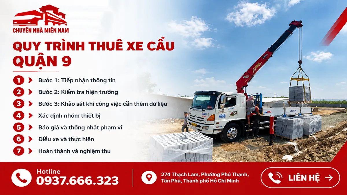 Thuê xe cẩu quận 9 4 Chuyển Nhà Miền Nam giới thiệu quy trình thuê xe cẩu Quận 9 với xe cẩu và nhân viên đang nâng chuyển vật liệu tại công trình.