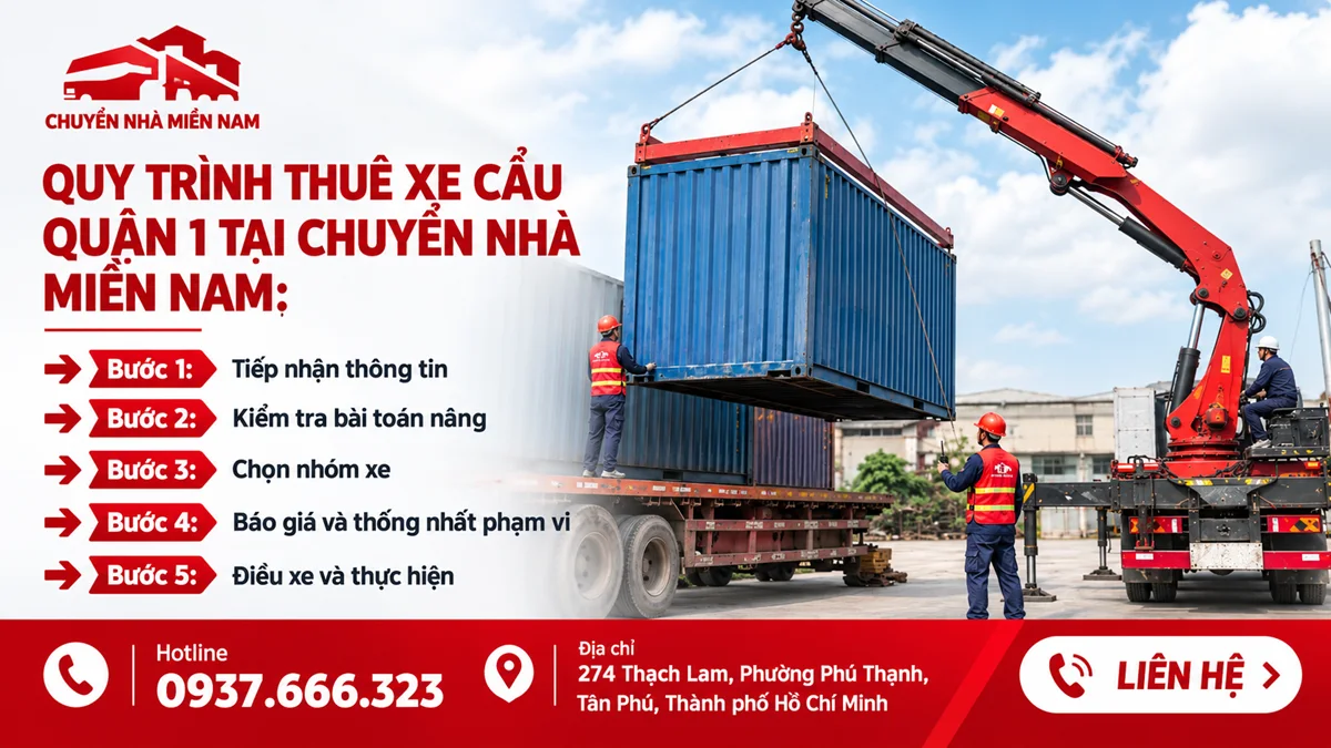 Nhân viên Chuyển Nhà Miền Nam vận hành xe cẩu nâng container trong quy trình thuê xe cẩu Quận 1