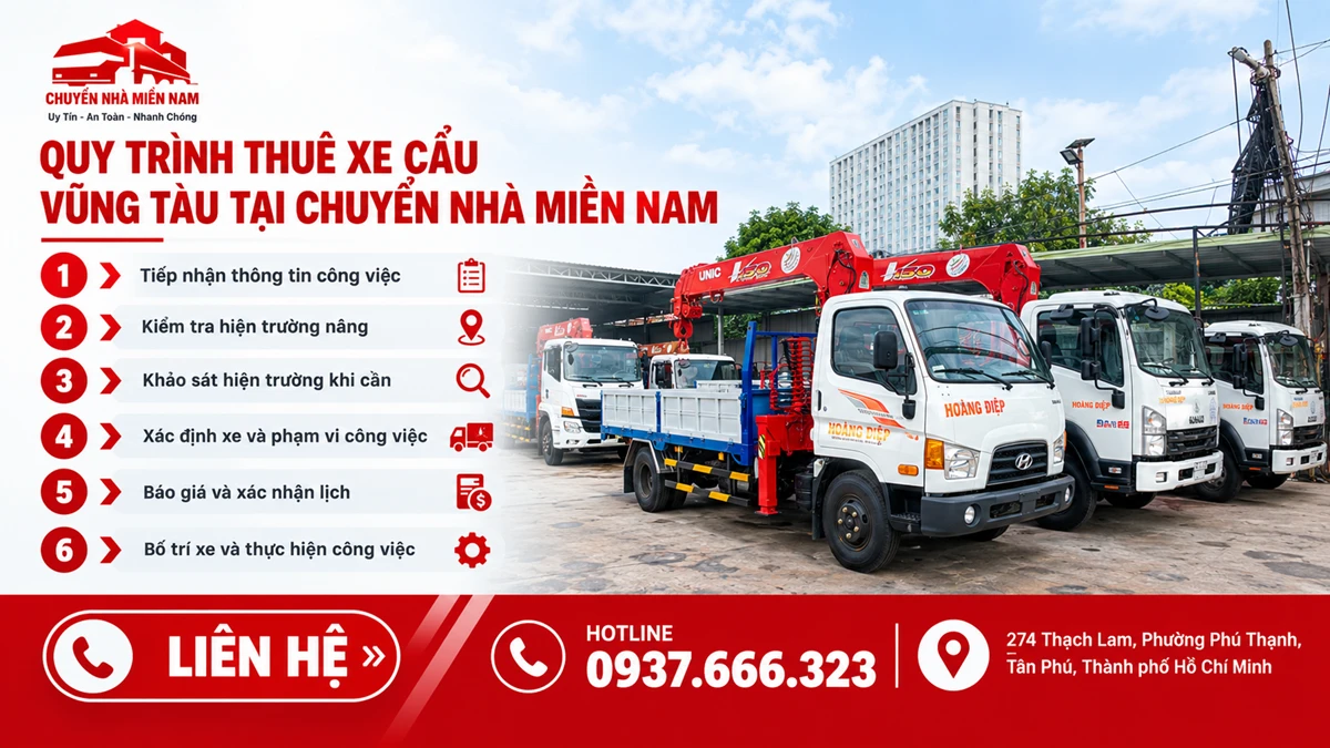 Thuê xe cẩu Vũng Tàu 4 Chuyển Nhà Miền Nam giới thiệu quy trình thuê xe cẩu Vũng Tàu qua 6 bước từ tiếp nhận yêu cầu đến thực hiện công việc