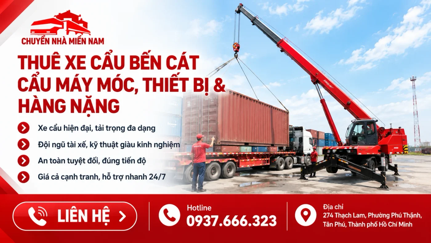 Thuê xe cẩu Bến Cát 1 Chuyển Nhà Miền Nam cung cấp dịch vụ thuê xe cẩu Bến Cát nâng máy móc, thiết bị và hàng nặng