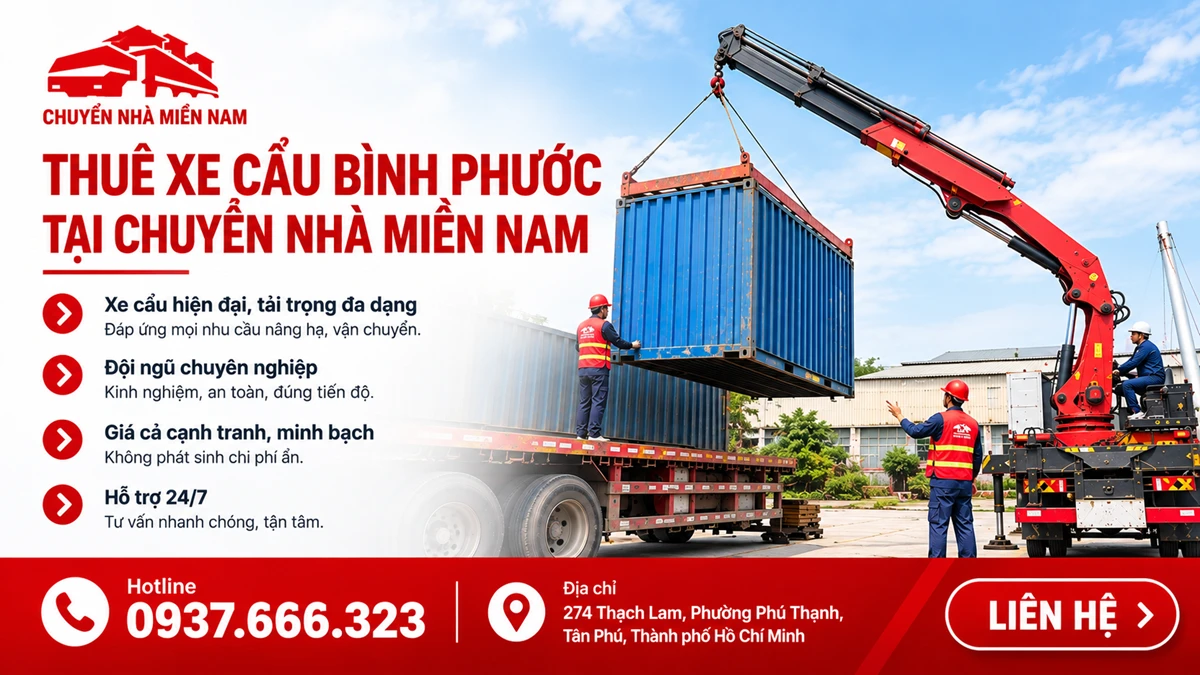 Chuyển Nhà Miền Nam cung cấp dịch vụ thuê xe cẩu Bình Phước, xe cẩu nâng container với đội ngũ nhân viên vận hành chuyên nghiệp