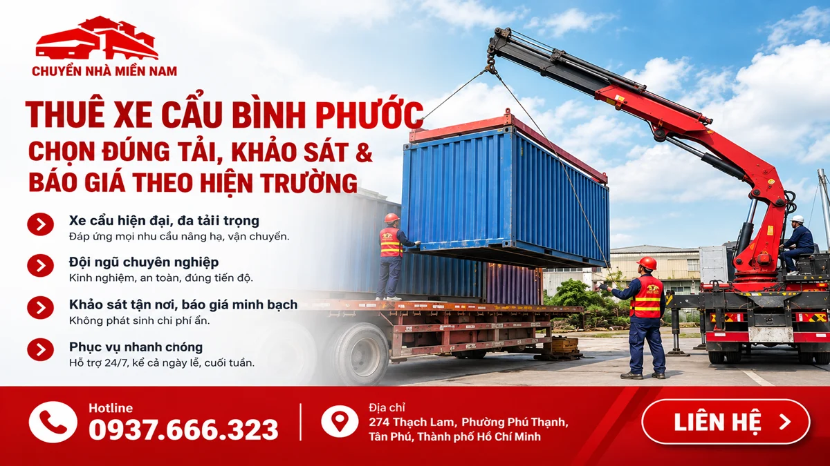 Chuyển Nhà Miền Nam cung cấp dịch vụ thuê xe cẩu Bình Phước, xe cẩu nâng container với đội ngũ vận hành chuyên nghiệp